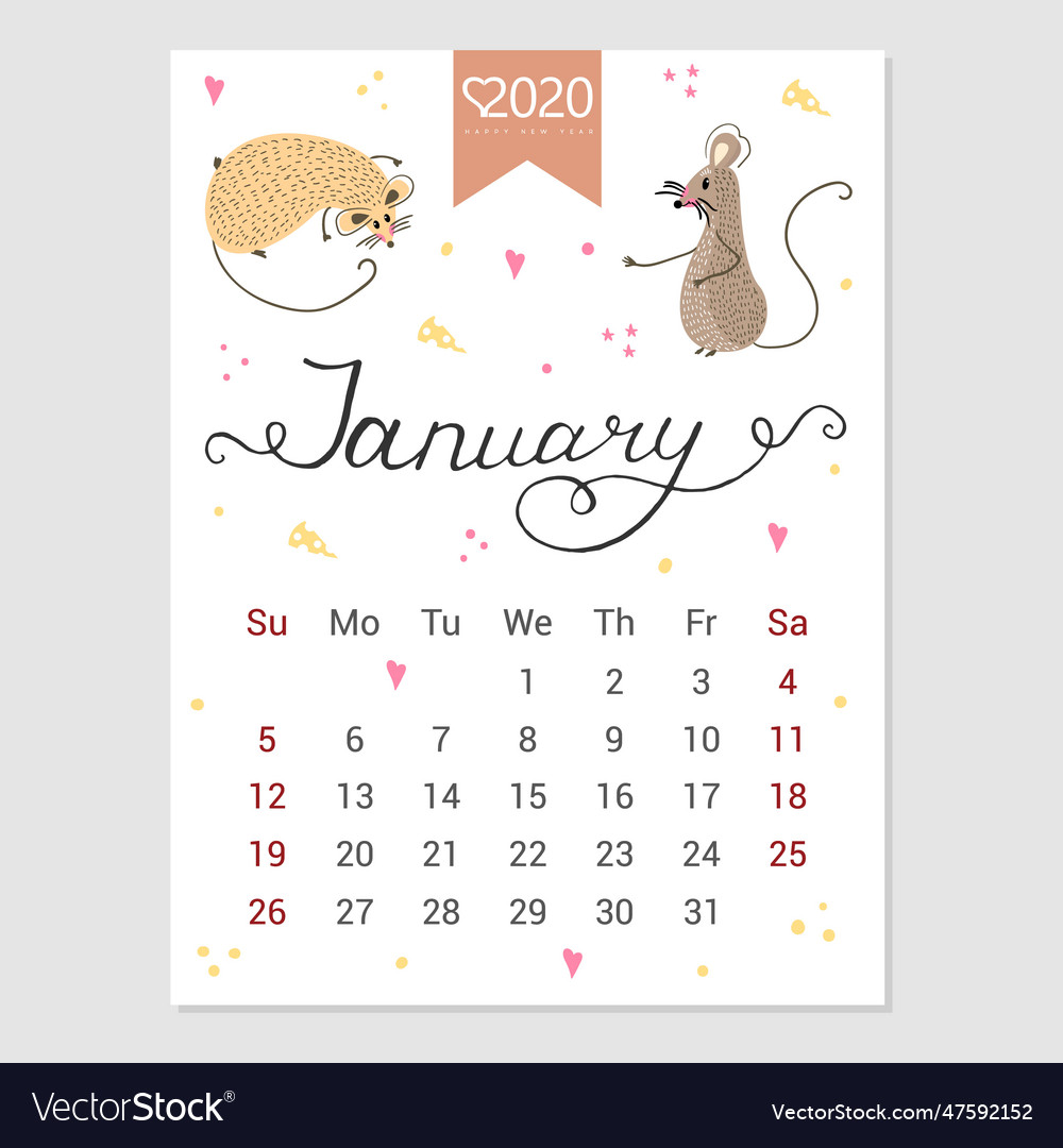 Calendar january 2020 cute monthly Royalty Free Vector Image