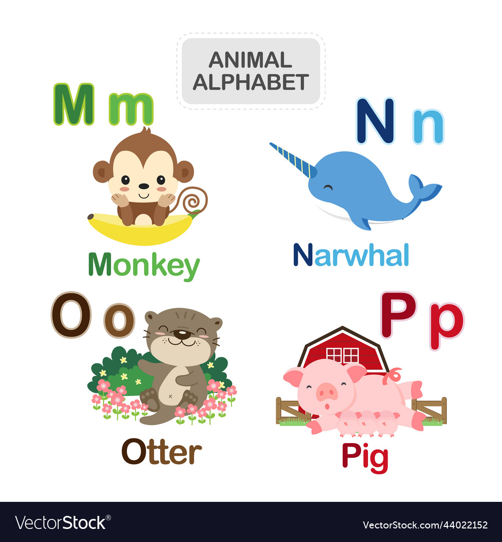 Cute animal alphabet from letter m to p Royalty Free Vector Cute animal alphabet from letter m to p Royalty Free Vector