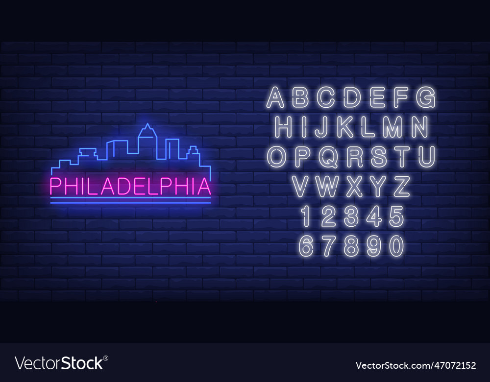 Philadelphia neon lettering and city buildings Vector Image