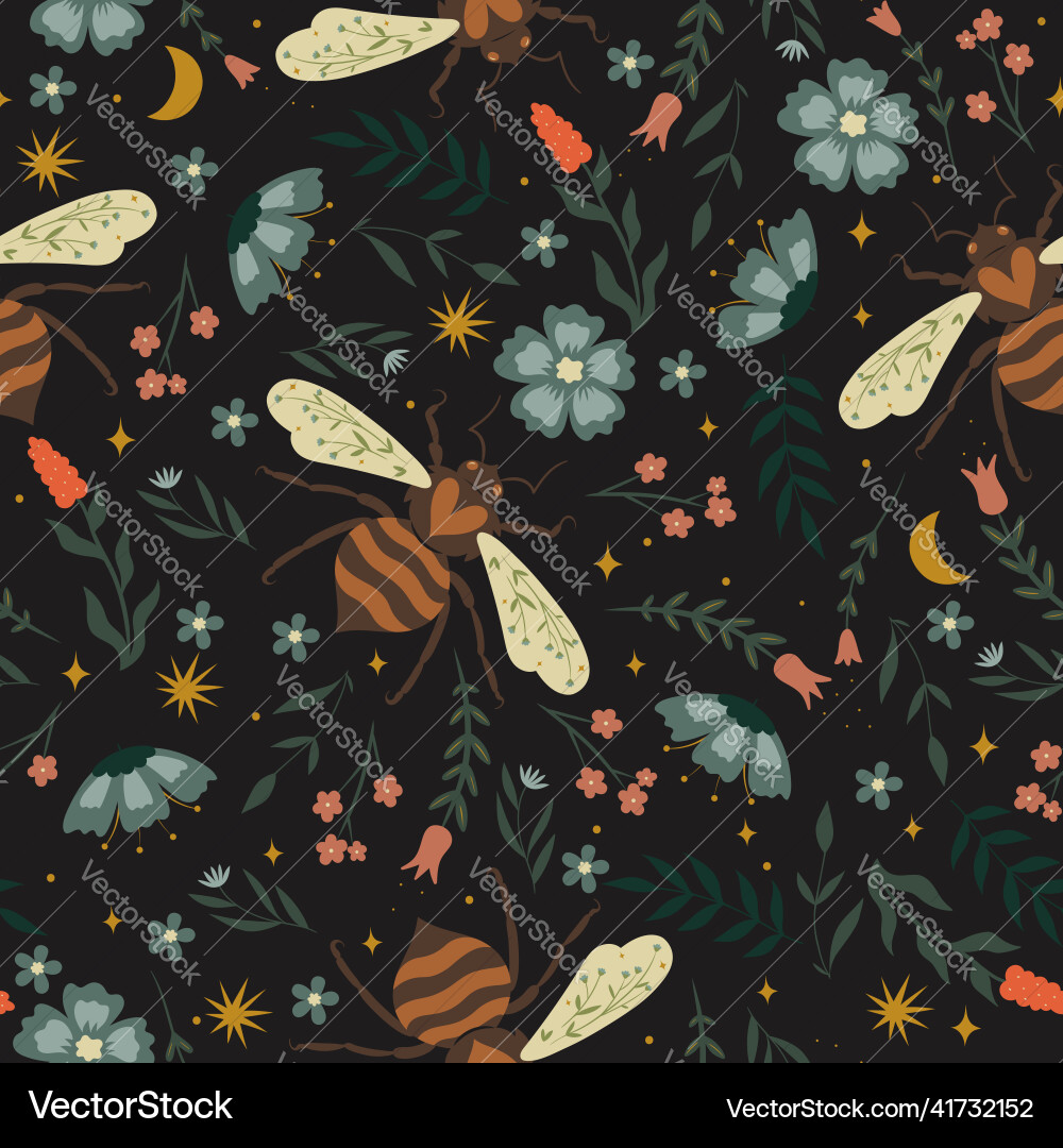 Seamless pattern with wasps and flowers Royalty Free Vector