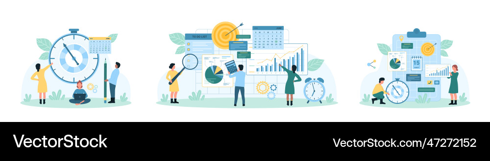 Time management set tiny people work with meeting Vector Image