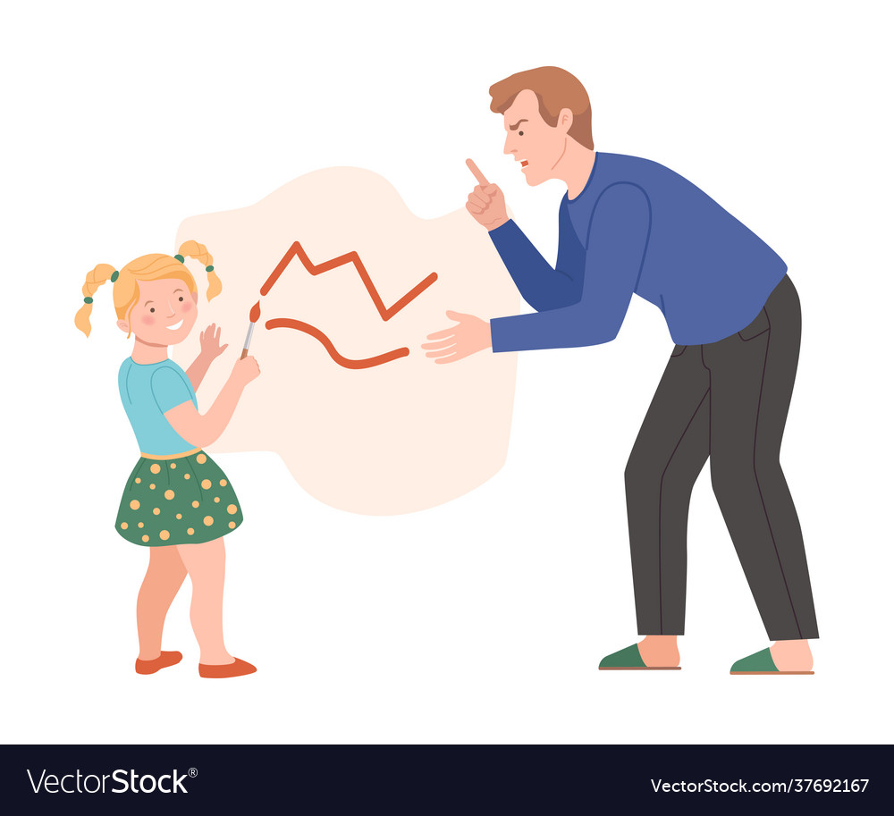 Annoyed Dad Scolding His Daughter For Drawing Vector Image