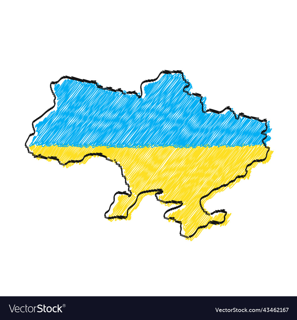 Ukraine map and flag in hand drawn line style