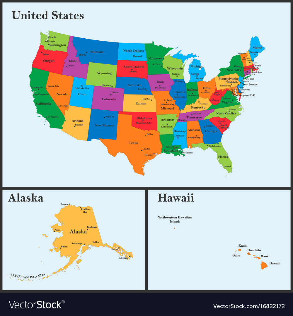 United States Including Alaska And Hawaii Map Detailed map of usa including alaska and hawaii Vector Image