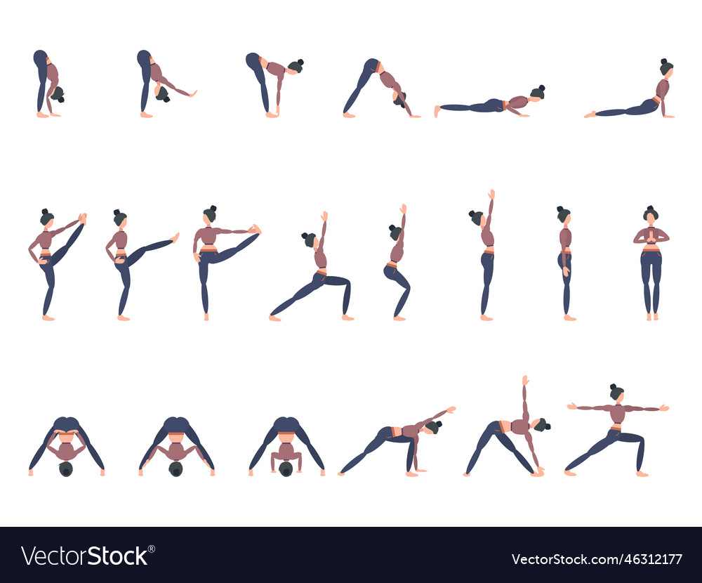 A set of twenty different yoga poses woman Vector Image