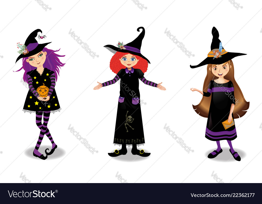 Halloween of three young witch girls isolated Vector Image Halloween of three young witch girls isolated Vector Image