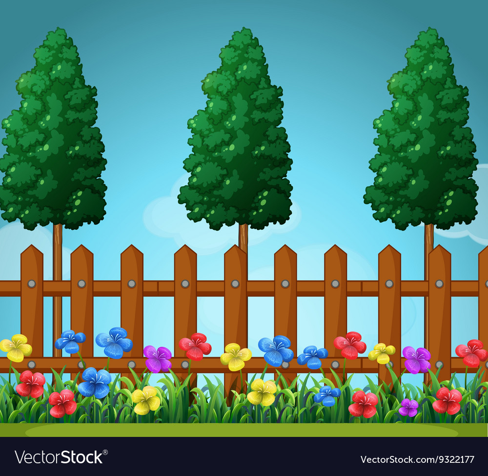 Scene with trees and wooden fence Royalty Free Vector Image