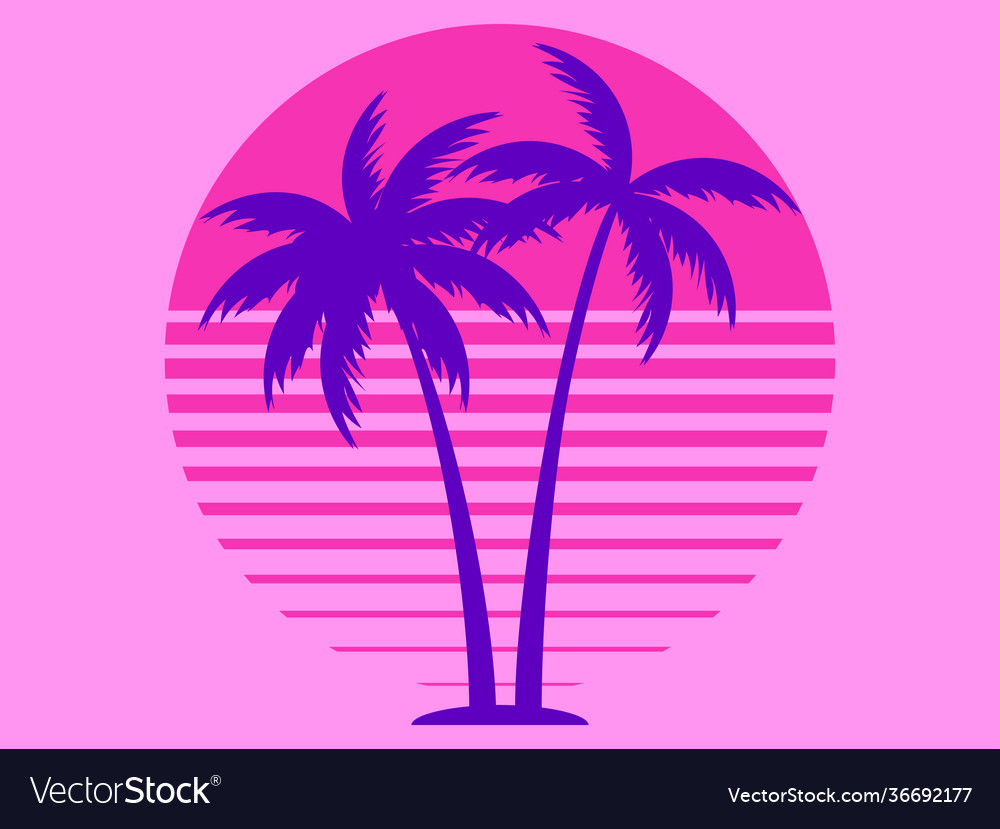 Two palm trees against a pink sun in style Vector Image