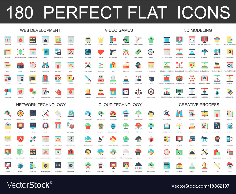 180 modern flat icons set of web development Vector Image