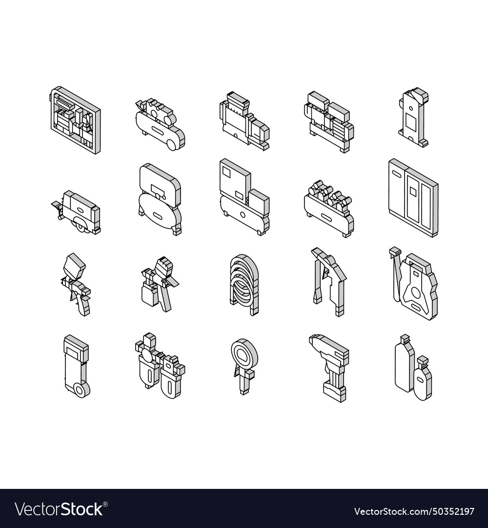 Air compressor tool collection isometric icons set