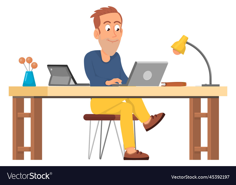 Cartoon freelancer working on laptop house office Vector Image