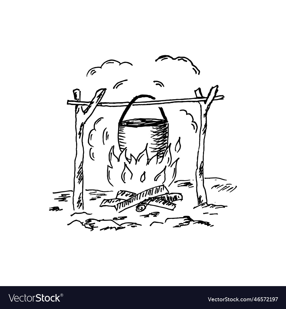 Hand drawn pot on fire sketch hike and camping Vector Image