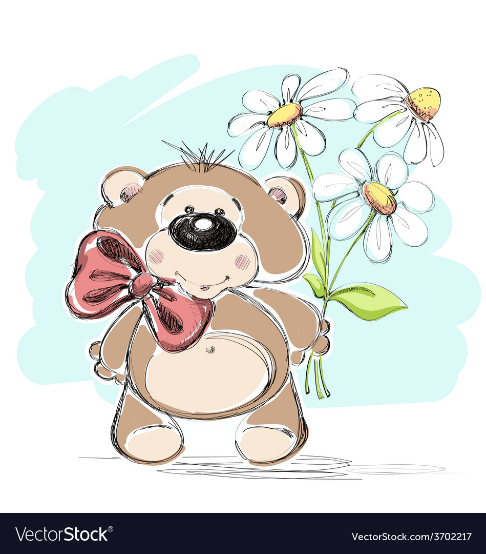 Nice little bear and a bouquet flowers Royalty Free Vector