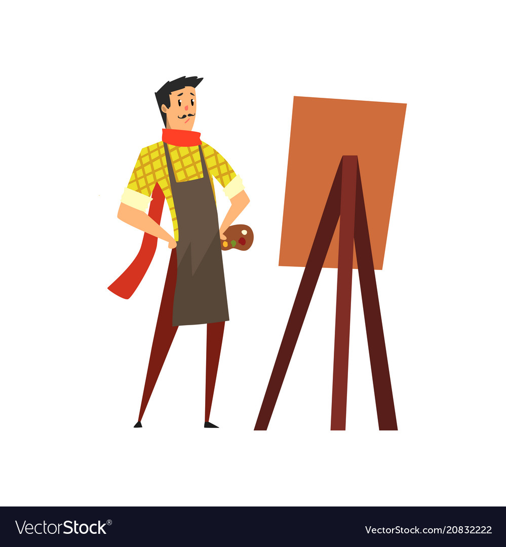 Male artist character in apron drawing on an easel