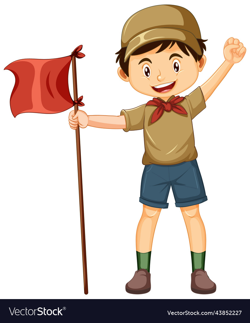 Camping boy with red flag on white background Vector Image