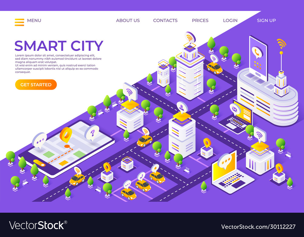 Isometric city landing page smart town concept