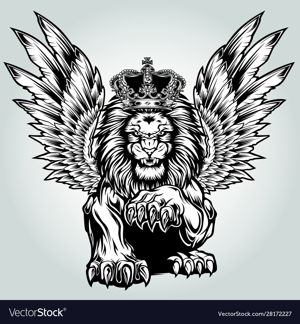 Lion aggry king drawing black white wing fly Vector Image