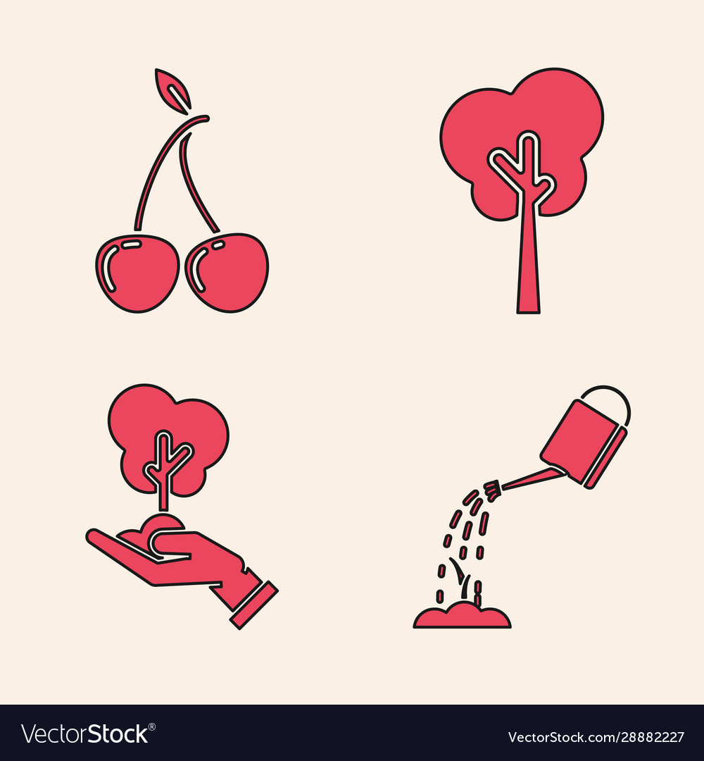Set watering can with water cherry tree and tree Vector Image