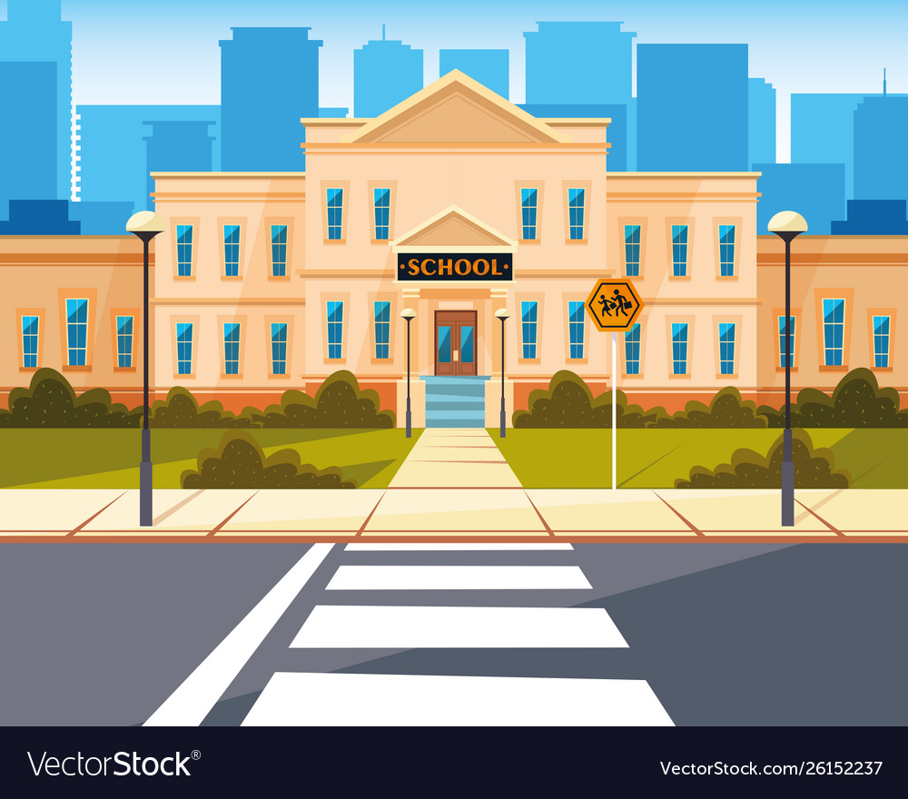 Facade school building with road Royalty Free Vector Image