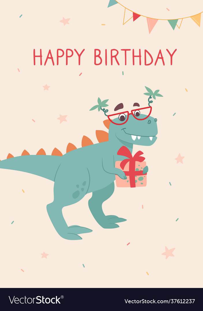 Funny tyrannosaurus rex on a birthday card dino Vector Image