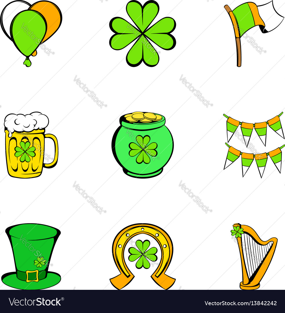 Patrick day icons set cartoon style Royalty Free Vector