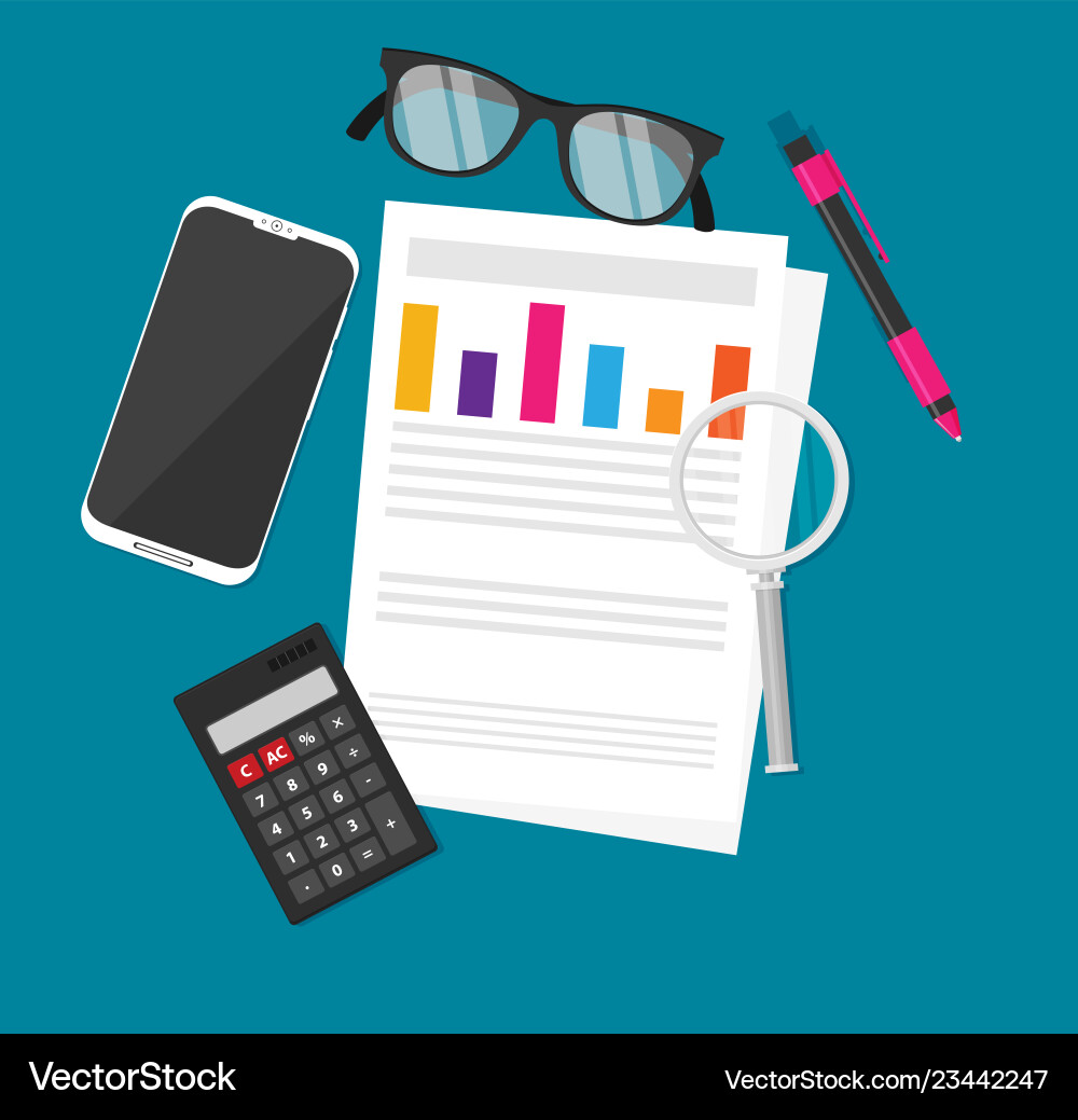Auditor work desk accounting paperwork business Vector Image