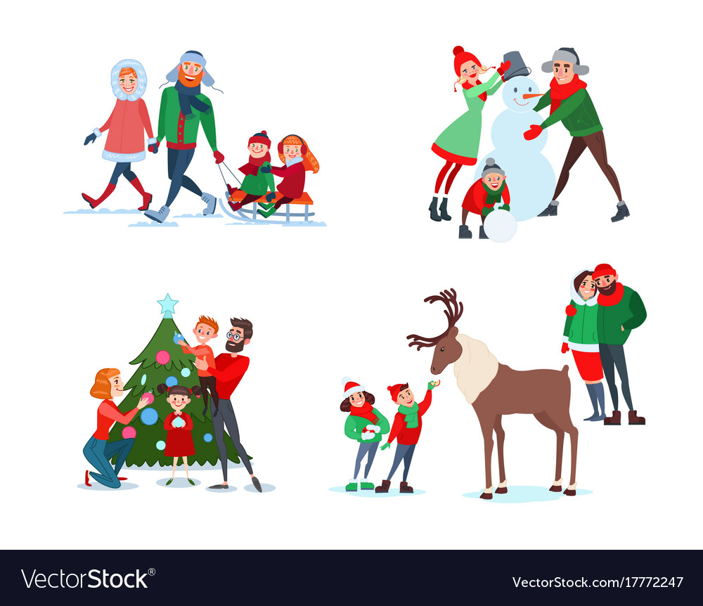 Christmas family scenes decorating tree Royalty Free Vector