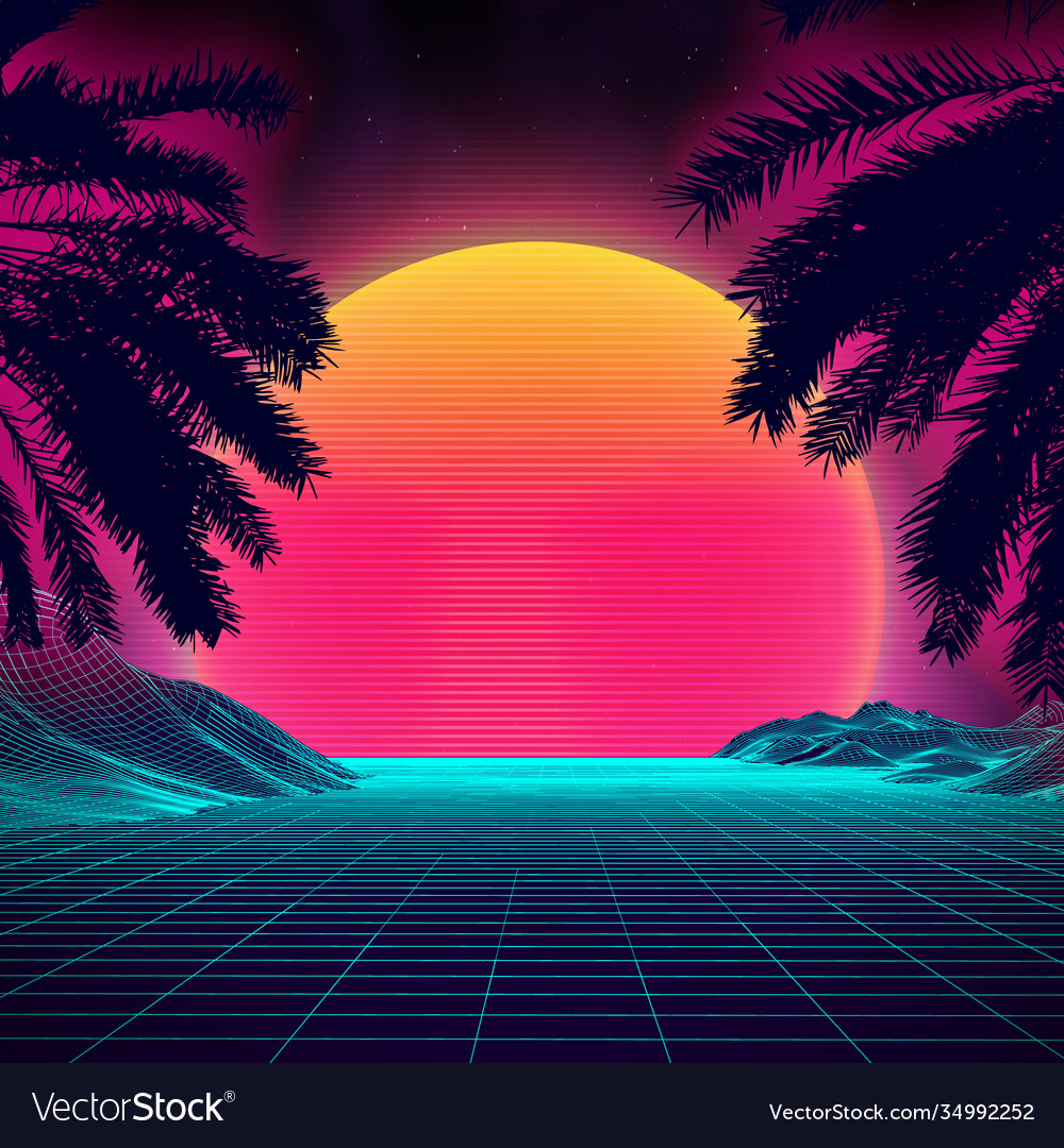 3d sunset on beach retro palms sci fi Royalty Free Vector