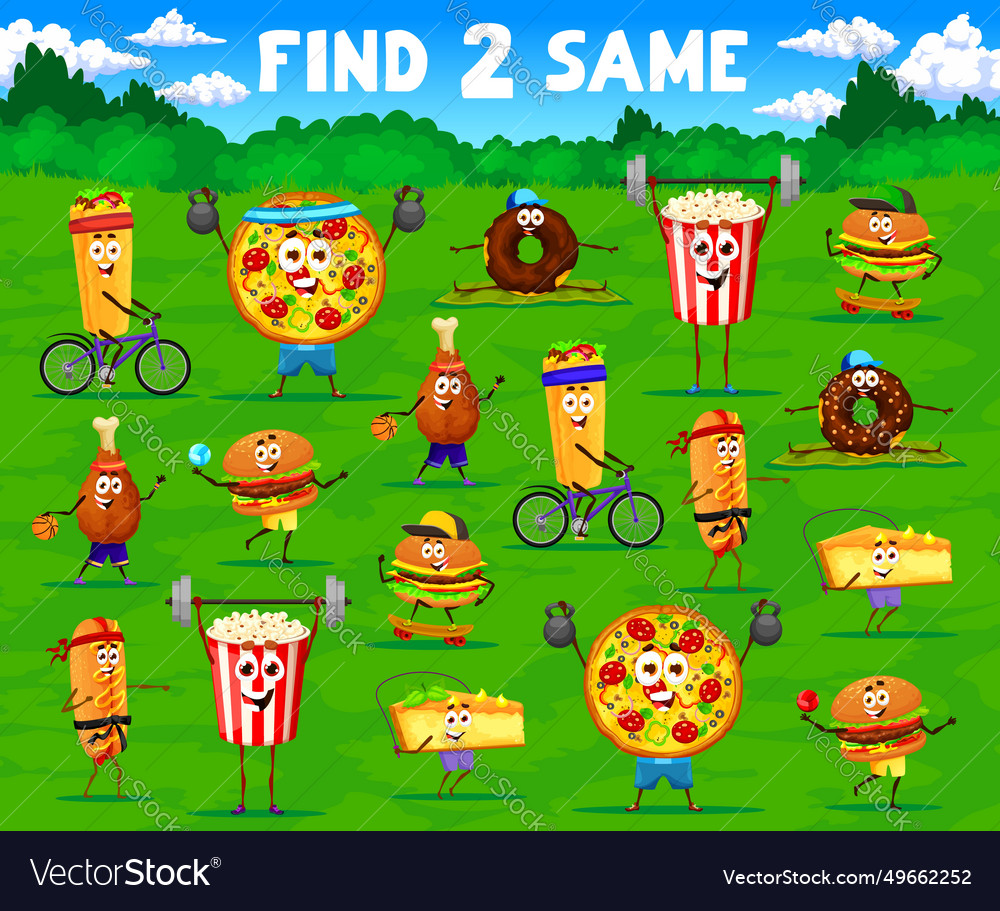 Find Two Same Funny Fast Food Characters Game Vector Image find-two-same-funny-fast-food-characters-game-vector-image