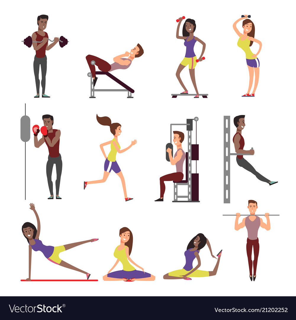 Fitness people cartoon characters set male