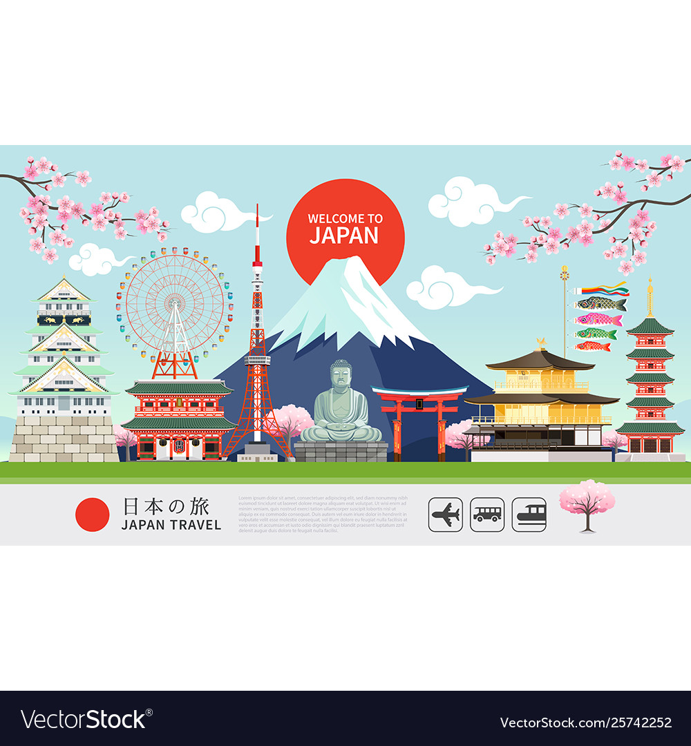 Japan Famous Landmarks Travel Banner Royalty Free Vector