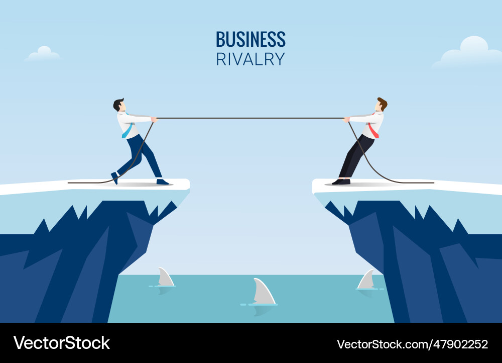 Two businessmen pull rope at edge of cliff Vector Image