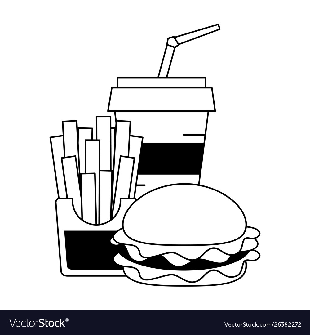 Fast food hamburger and french fries with soda cup