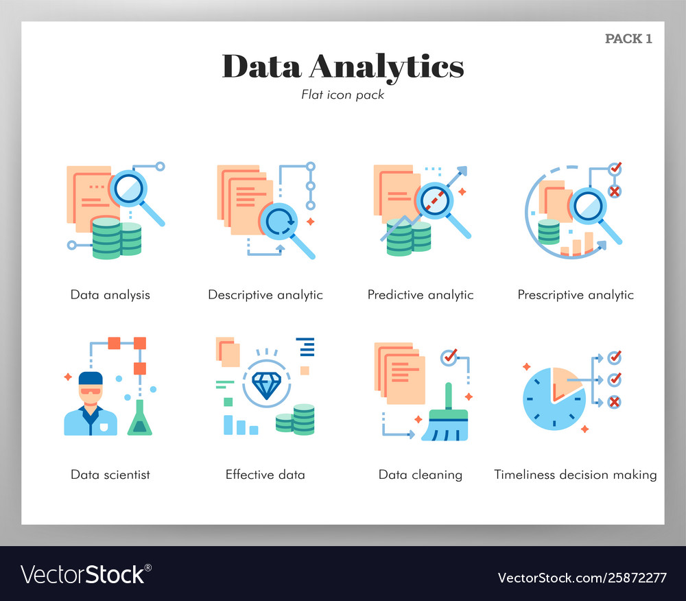 Data analytics icons flat pack Royalty Free Vector Image