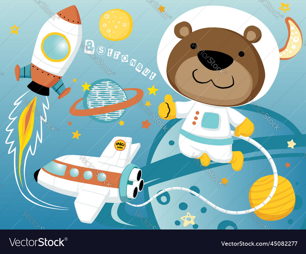 Funny bear cartoon in astronaut costume Royalty Free Vector