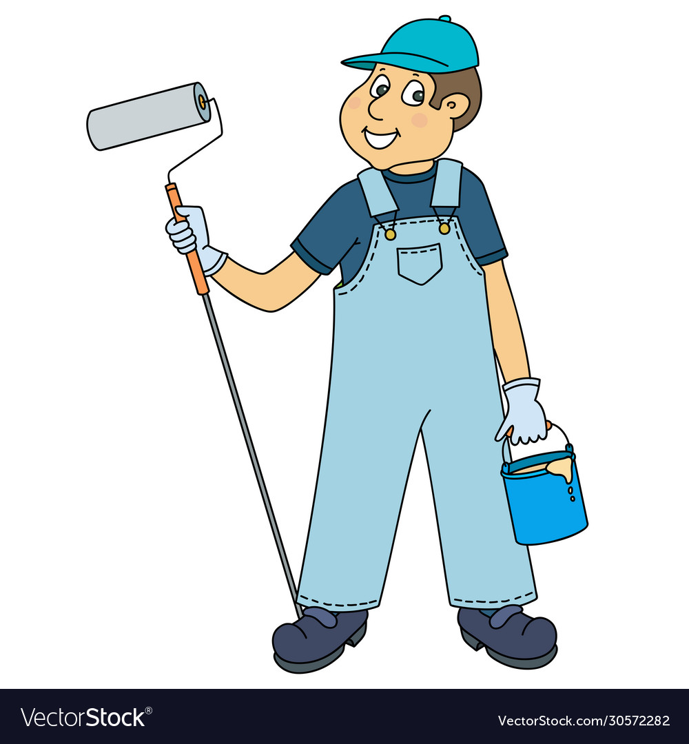 House painter with bucket paint and paint roller Vector Image