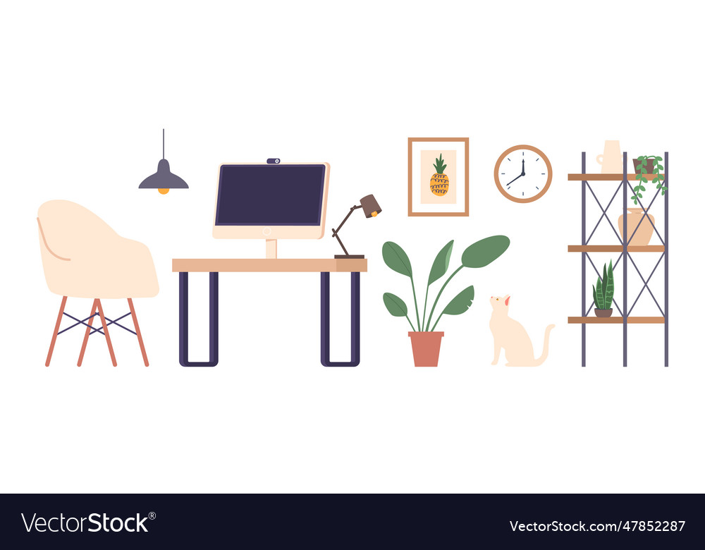 Set of icons desk computer lamp and shelf Vector Image