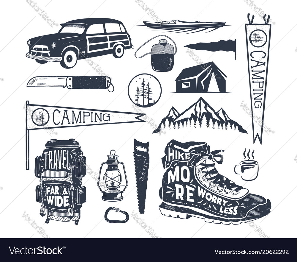 Vintage hand drawn adventure symbols hiking Vector Image