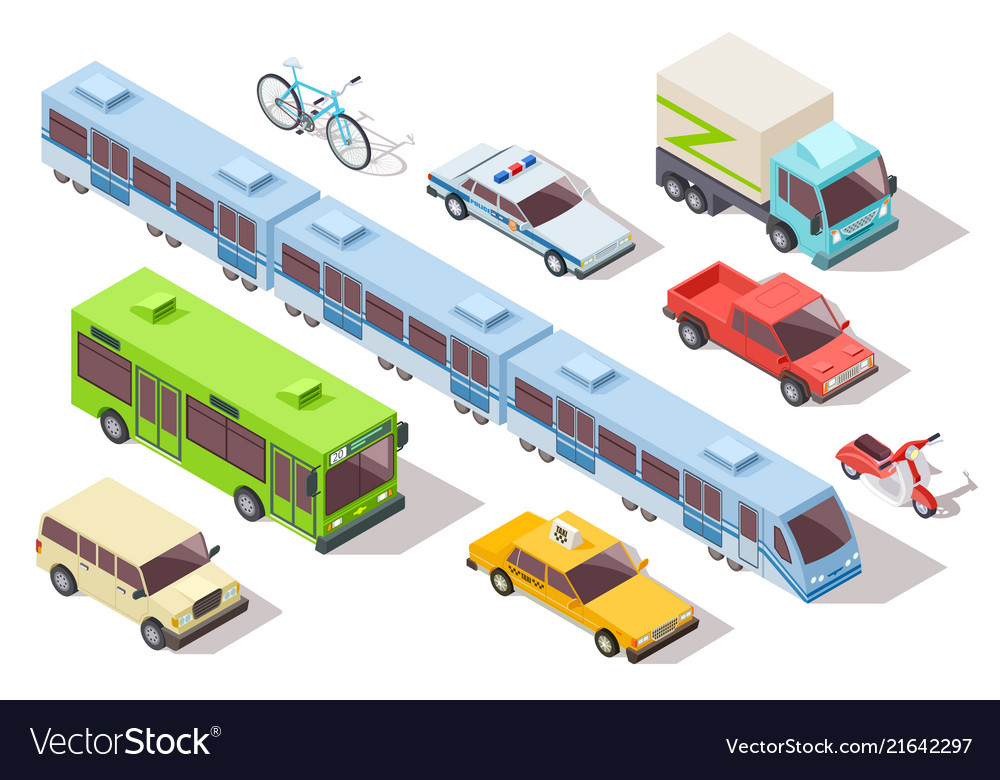 Isometric city public transport subway train bus Vector Image