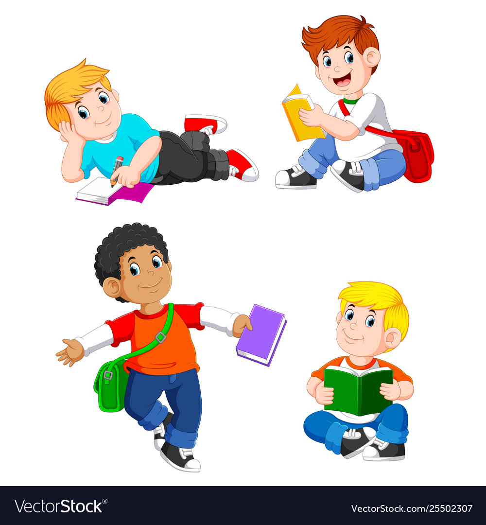 Collection boy study with their books Royalty Free Vector