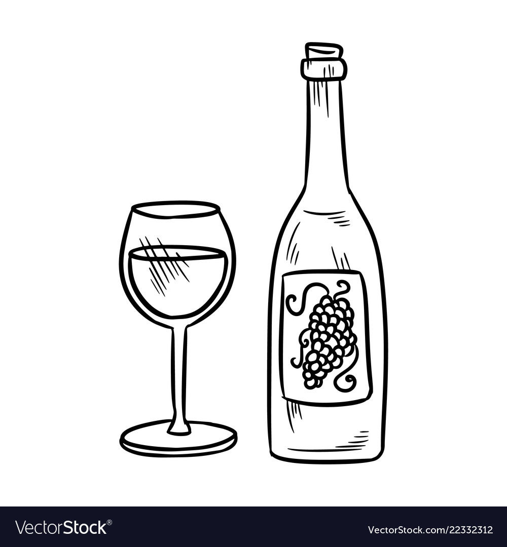 Botlle and wine glass alcohol line art doodle Vector Image