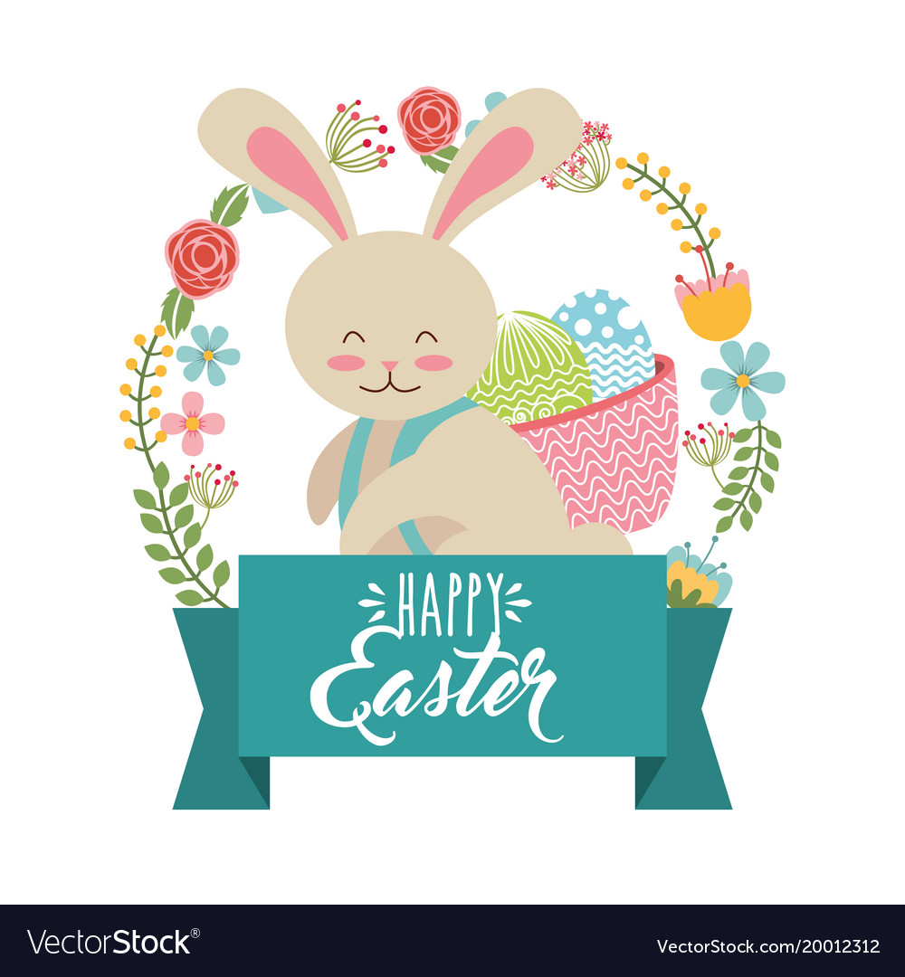 Cute Bunny Carrying Basket Eggs Wreath Floral Vector Image