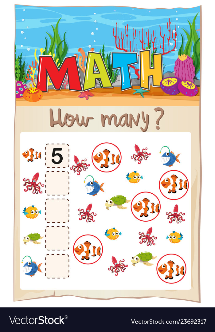 Math counting fish worksheet Royalty Free Vector Image