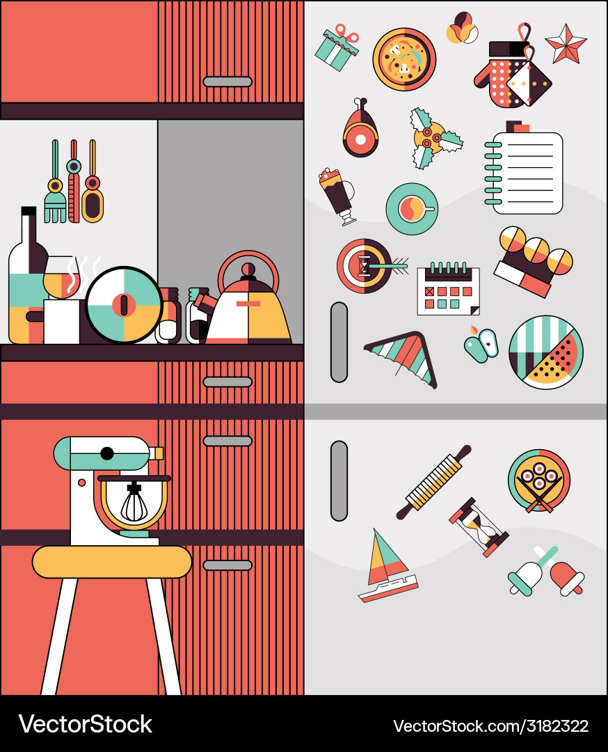 Kitchen interior flat line Royalty Free Vector Image