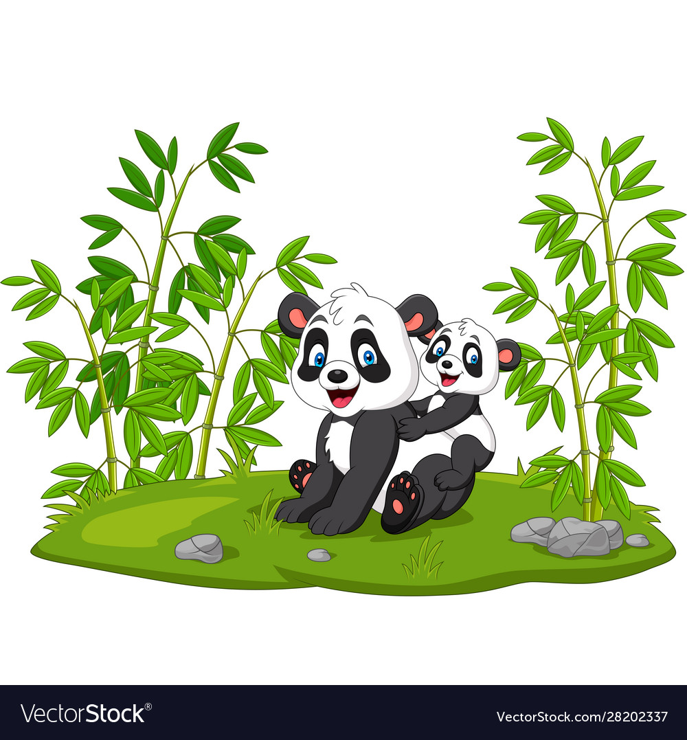 Cartoon mom and baby panda in bamboo tree Vector Image