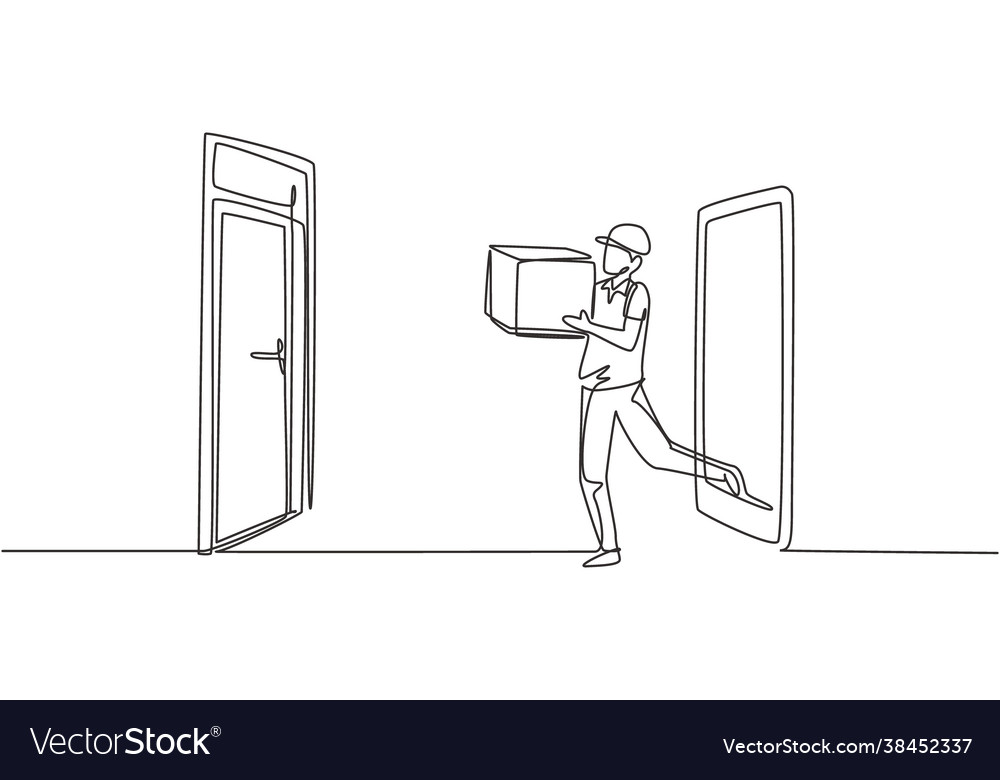 Single continuous line drawing male courier comes Vector Image