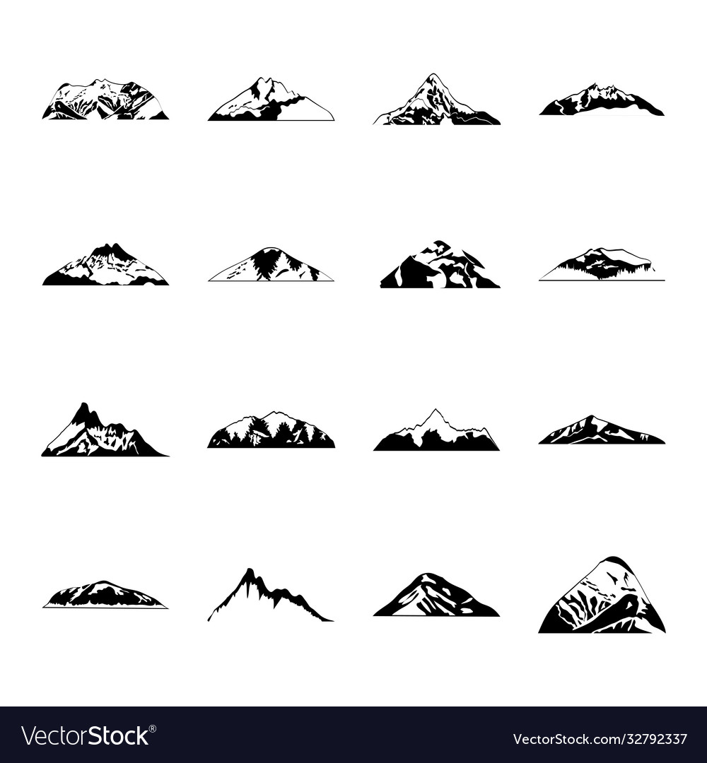 Snowy mountains and icon set silhouette