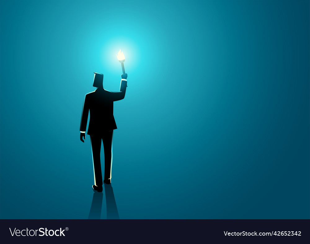 Businessman walking in the dark holding a torch Vector Image