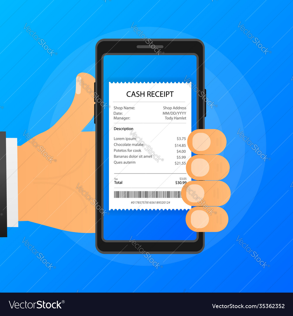 Hand holds phone with cash receipt on screen Vector Image