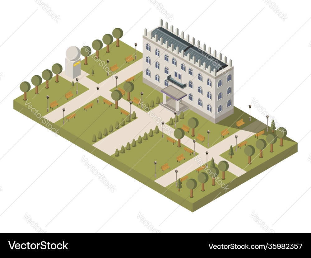 Isometric university composition Royalty Free Vector Image